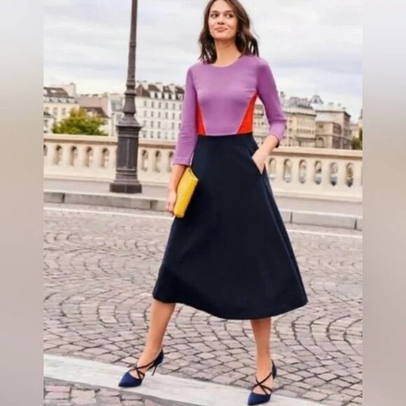 Boden Dresses & Skirts - Boden Fit & Flare Midi Dress Purple Navy Blue Color block Ponte Knit Size‎ 6L